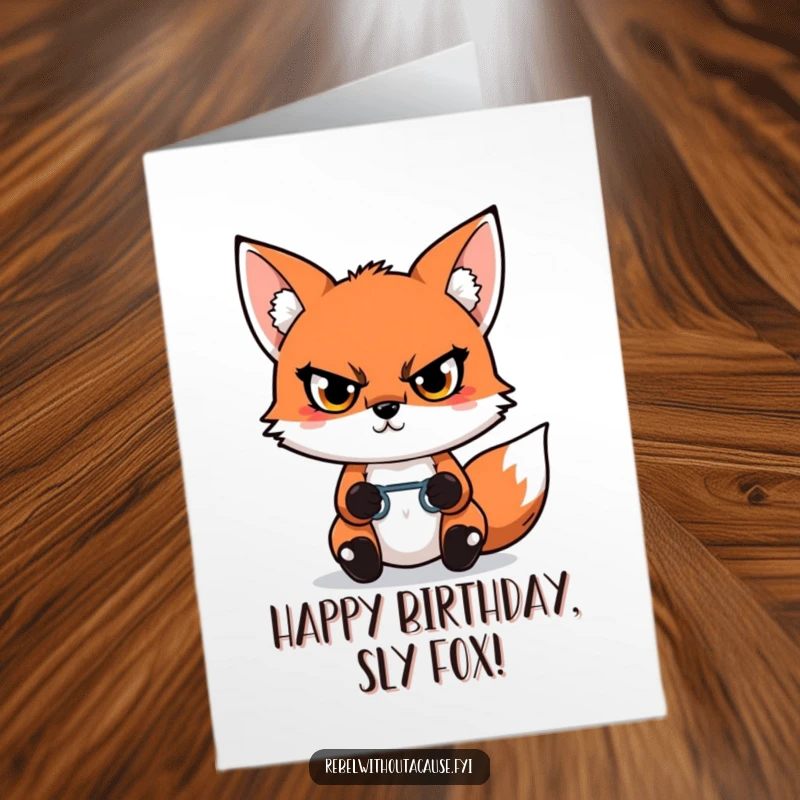 Funny Free Printable Birthday Card featuring a defiant kawaii fox holding a broken chain link, symbolizing freedom.