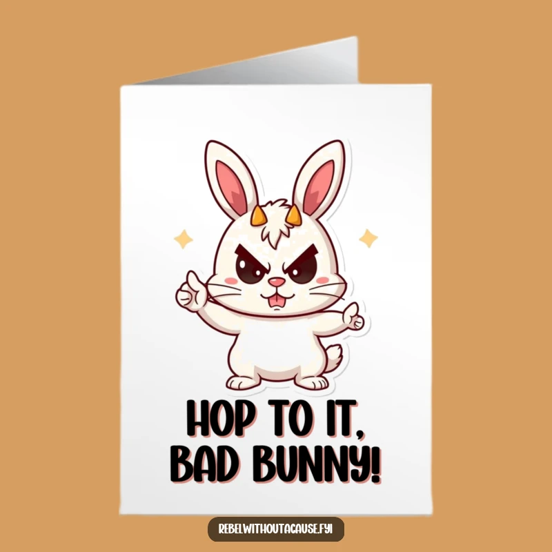 Free Printable Birthday Card: Rebellious Bunny Devil Horns, Funny Downloadable Gift for a Wild Celebration