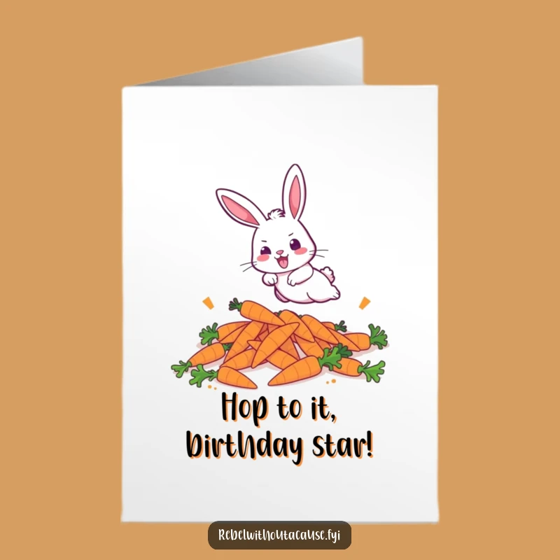 Free Printable Funny Birthday Card: Bold Bunny Leaps Over Carrots Downloadable