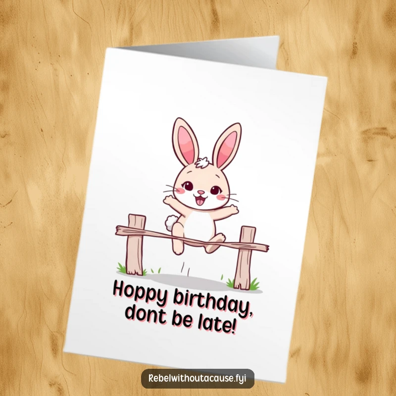 Funny Free Printable Birthday Card: Cheerful rabbit with determined expression, jumping over broken fence, celebrating triumph.