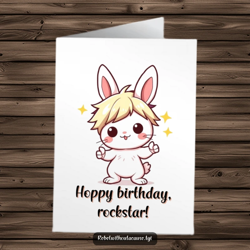 Funny Free Printable Birthday Card featuring a kawaii bunny with a punk hairstyle, striking an awesome rock on pose.