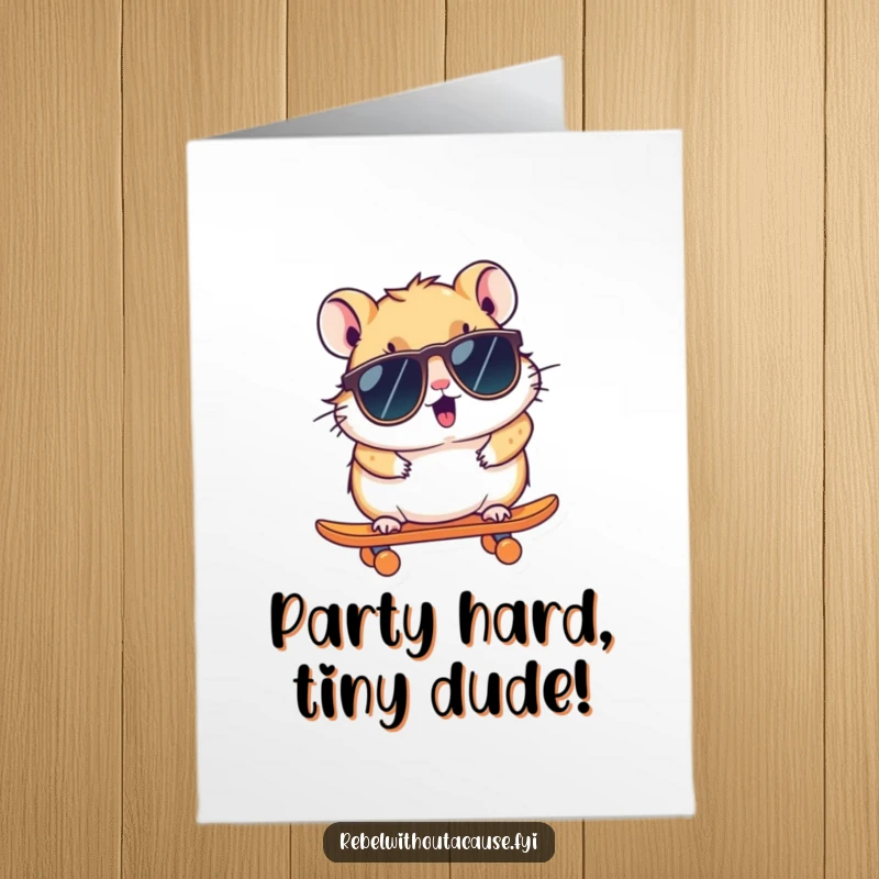 Funny Free Printable Birthday Card: Kawaii hamster in sunglasses on a skateboard, ready to deliver birthday cheer, downloadable.