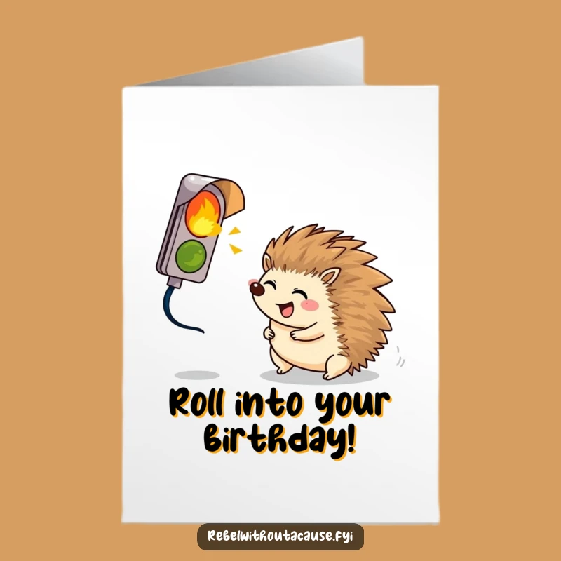 Free Printable Funny Birthday Card: Giggling Hedgehog & Broken Light - Hilarious Downloadable Gift
