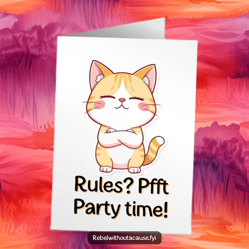 Funny Free Printable Birthday Card: Giggling cat crossing arms, unimpressed by birthday rules, ready for cake.