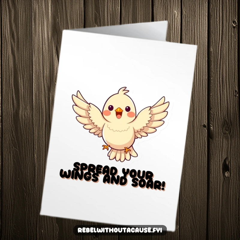Funny Free Printable Birthday Card: Happy bird flies with wings spread wide, defying gravity, celebrating a birthday.