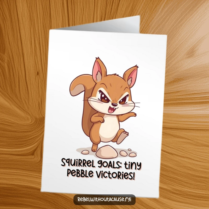 Funny Free Printable Birthday Card: Defiant squirrel determinedly kicks a pebble, ready to conquer any celebration with humor.