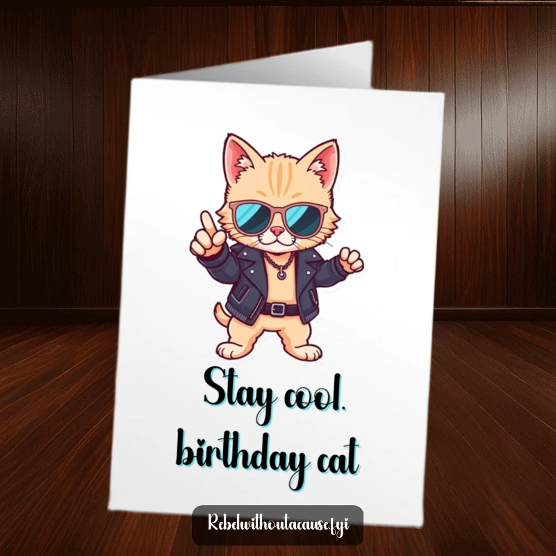 Funny Free Printable Birthday Card: Cool cat in sunglasses and leather jacket, striking a pose with birthday wishes.