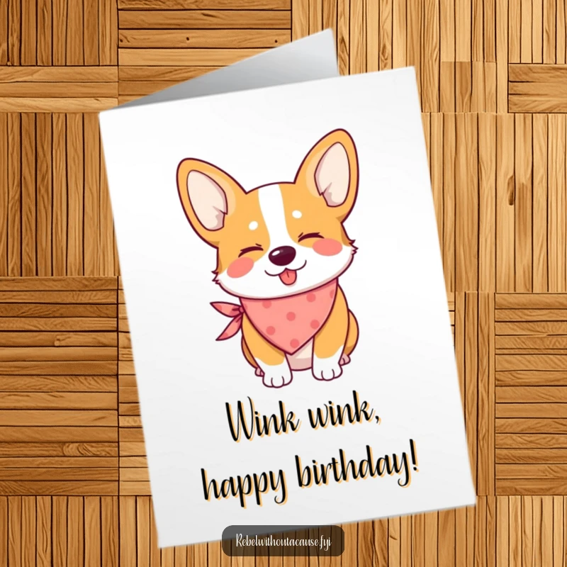 Funny free printable birthday card: A mischievous corgi wearing a bandana winks playfully.
