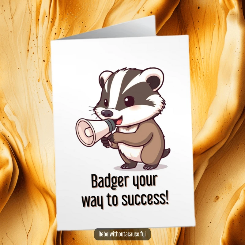 Funny Free Printable Badger Congratulations Card: A determined badger uses a megaphone to announce congratulations.