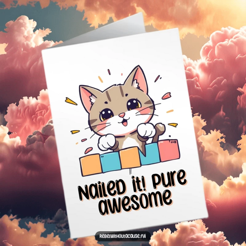 Funny free printable congratulations card: A bold cat crashing through a brightly colored, striped barrier.