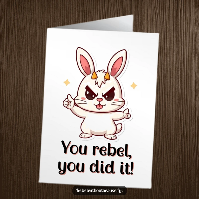 Free Printable Congratulations Card: A rebellious bunny character with a sneer, flashing devil horns.