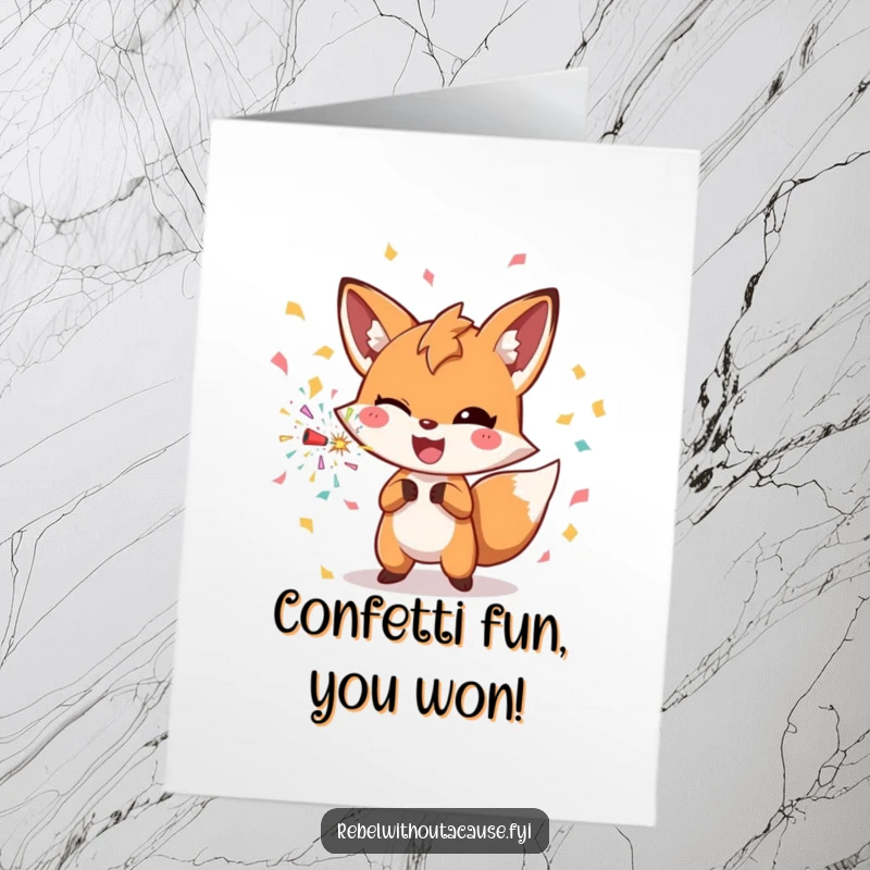 Funny Free Printable Congrats Card: A winking fox character throws a confetti bomb with a joyful smirk, celebrating success.