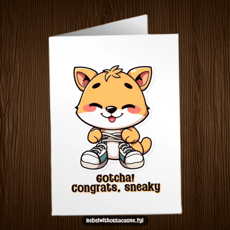 Funny Free Printable Congratulations Card: Playful animal tying shoelaces together, celebrating a win with mischief.