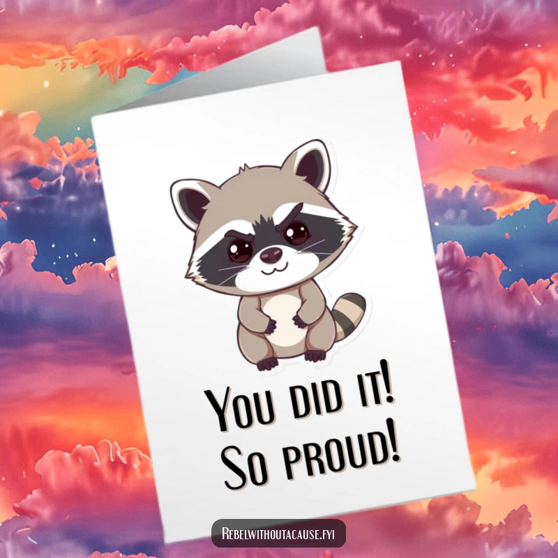 Funny Free Printable Congrats Card: Cheeky raccoon with a mischievous smirk, holding up one raised eyebrow.