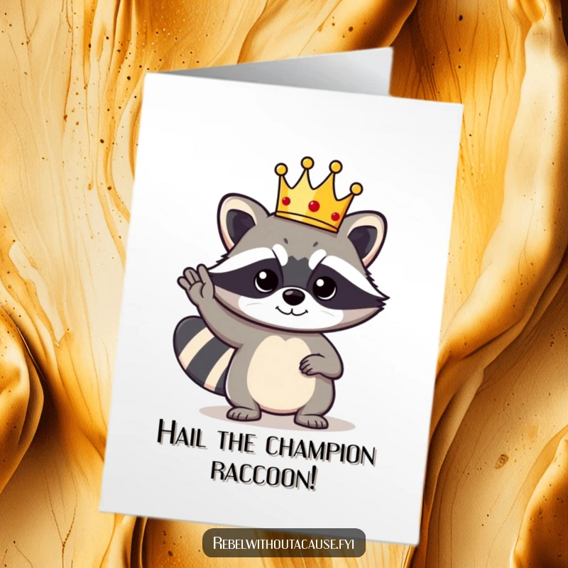 Funny Free Printable Congrats Card: Bold raccoon character wearing a crown and giving a cool salute, celebrating an achievement.