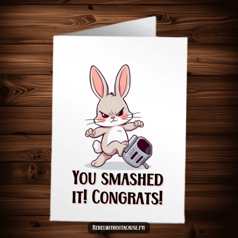 Funny Free Printable Congrats Card: Rebellious bunny with a sneer kicking an overturned trash can. Unique DIY gift.