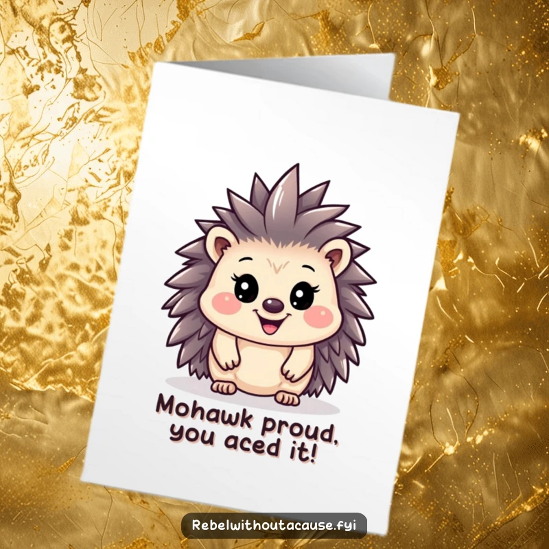 Funny Free Printable Congrats Card: A happy hedgehog with a proud grin sports a tiny mohawk, celebrating an achievement.