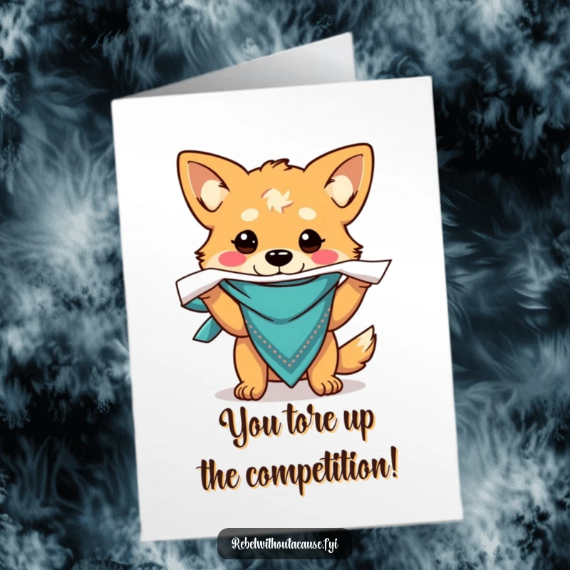 Funny Free Printable Congrats Card: Dog with bandana ripping paper in half, embodying wild celebration.