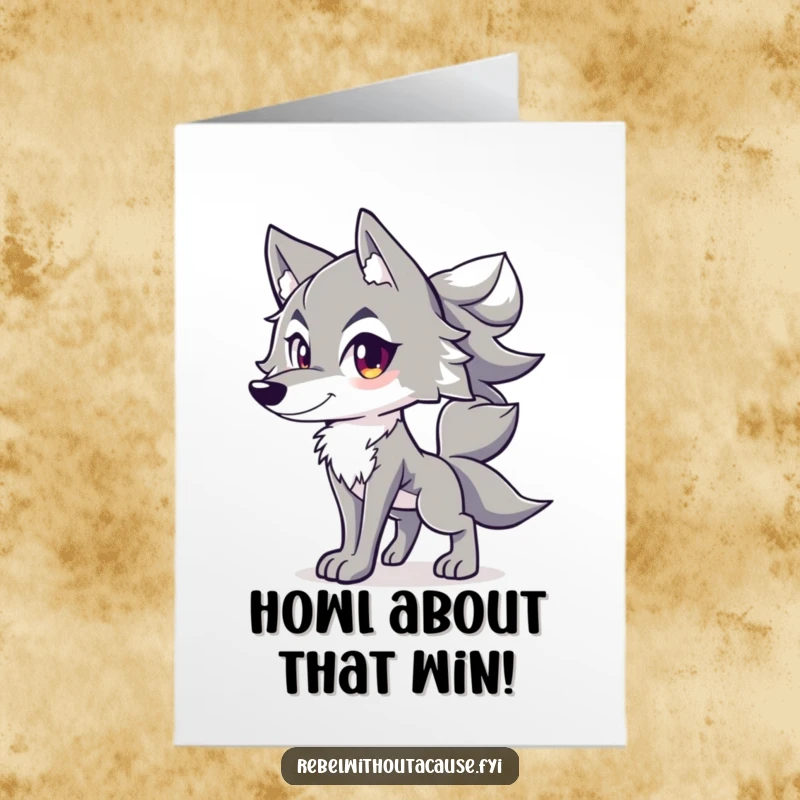 Free Printable Congratulations Card: A spirited wolf confident stance, tail held high, celebrating a magnificent victory.