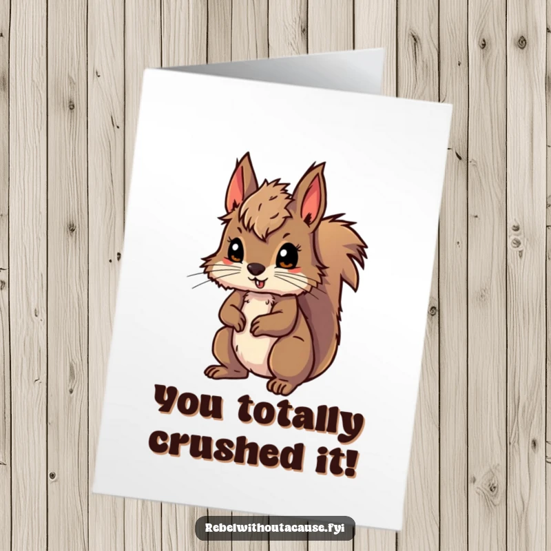 Funny Free Printable Congratulations Card showing a wild squirrel with messy fur, poised for a new adventure celebrating their achievement.