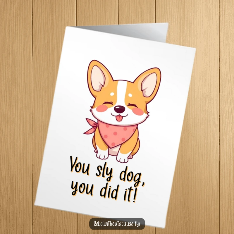 Funny free printable congratulations card: A corgi with a bandana tied around its neck gives a mischievous wink.