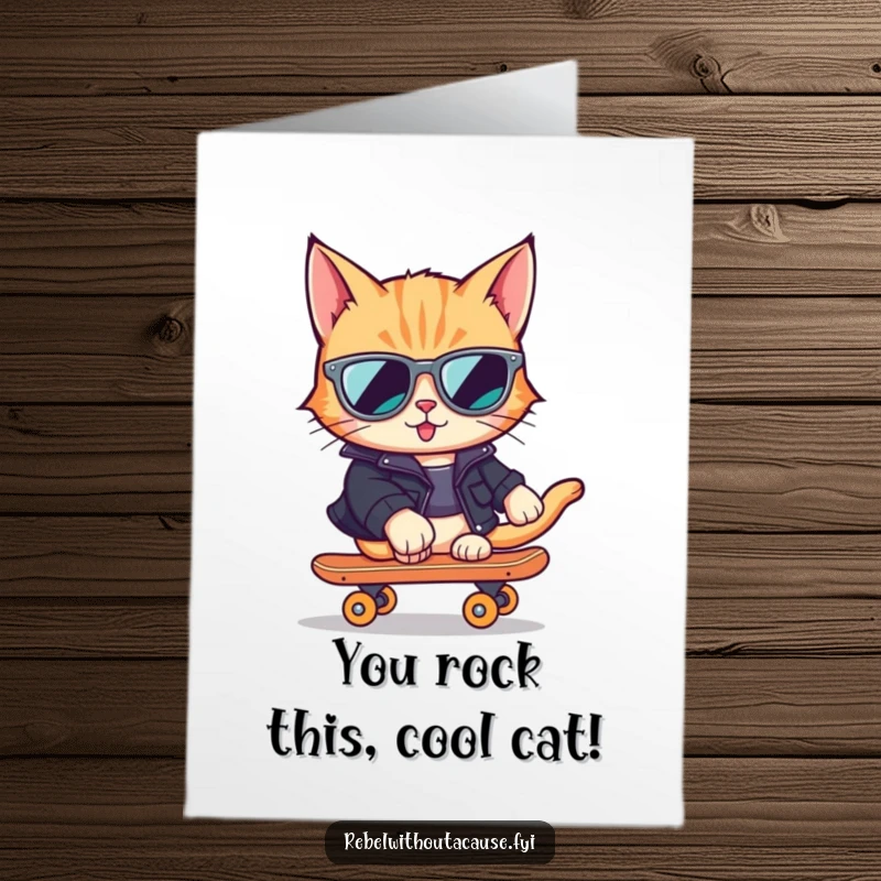 Funny Free Printable Congratulations Card: a cool cat on a skateboard, celebrating achievements with undeniable style.
