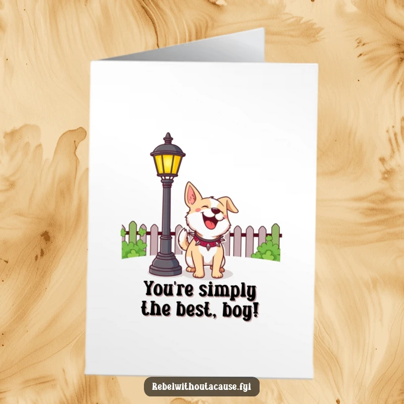 Funny Free Printable Congratulations Card: a cheerful dog barking at a lamppost, celebrating success with happy energy.
