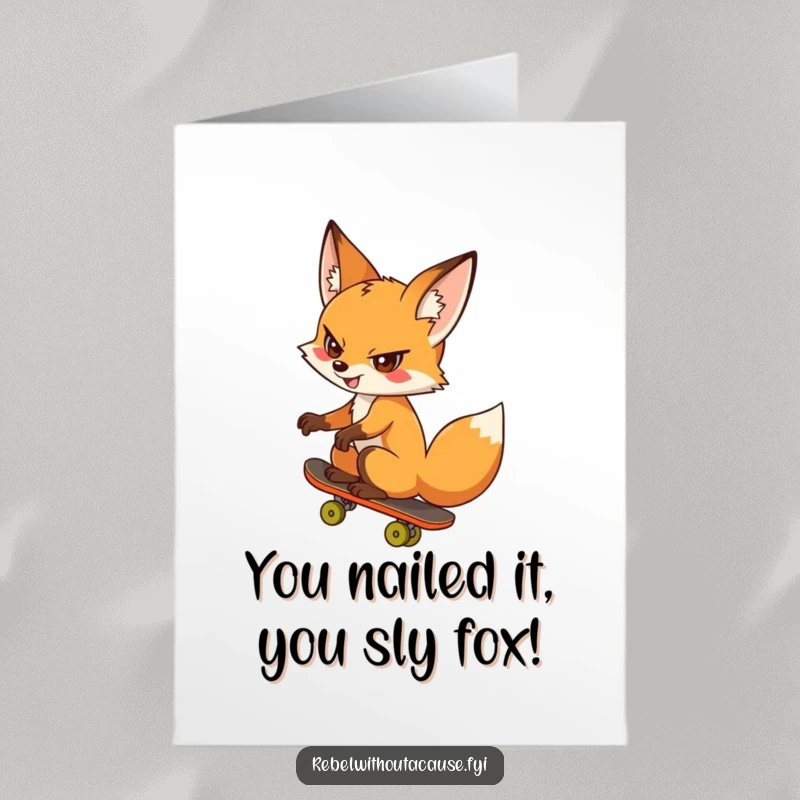 Funny Free Printable Congratulations Card: Cheeky fox on skateboard, giving a sly, victorious grin.