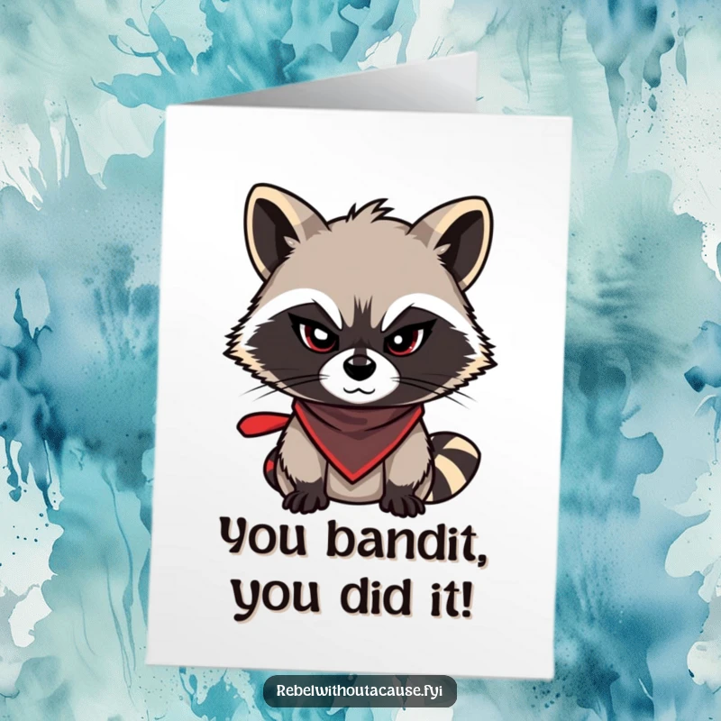Funny Free Printable Congratulations Card: Mischievous raccoon winks slyly, celebrating a clever success.
