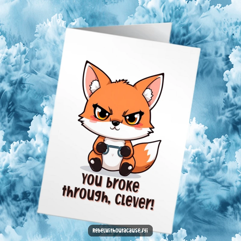 Funny Free Printable Congratulations Card showing a defiant fox holding a broken chain link, celebrating freedom achieved.