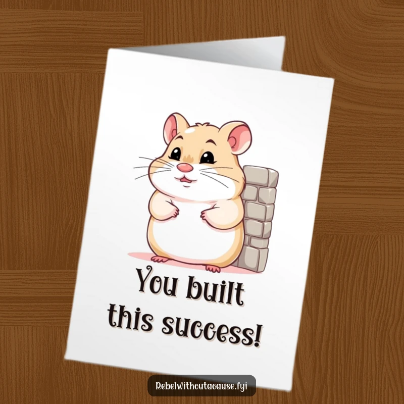 Funny Free Printable Congratulations Card: A smug hamster leans confidently against a tiny wall, celebrating success.
