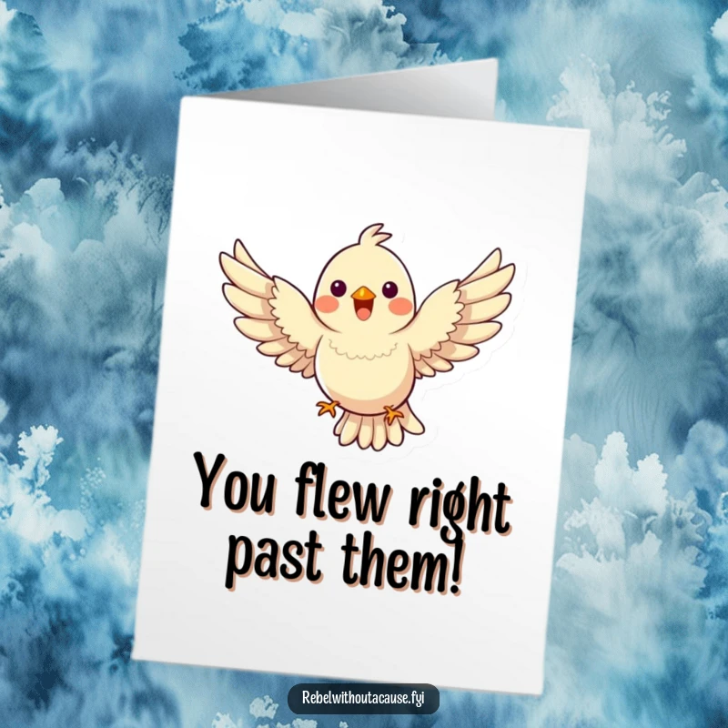 Funny Free Printable Congratulations Card: Happy bird flies with wings spread wide, defying gravity, celebrating achievements.