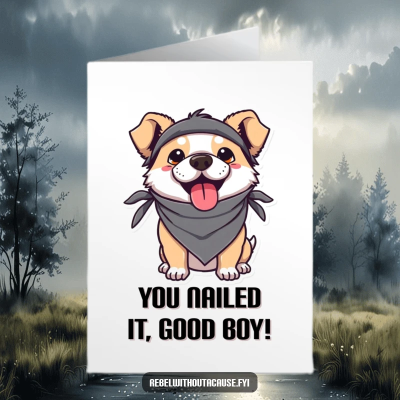 Funny Free Printable Congratulations Card showing a kawaii dog with a bandana, sticking its tongue out in celebration.