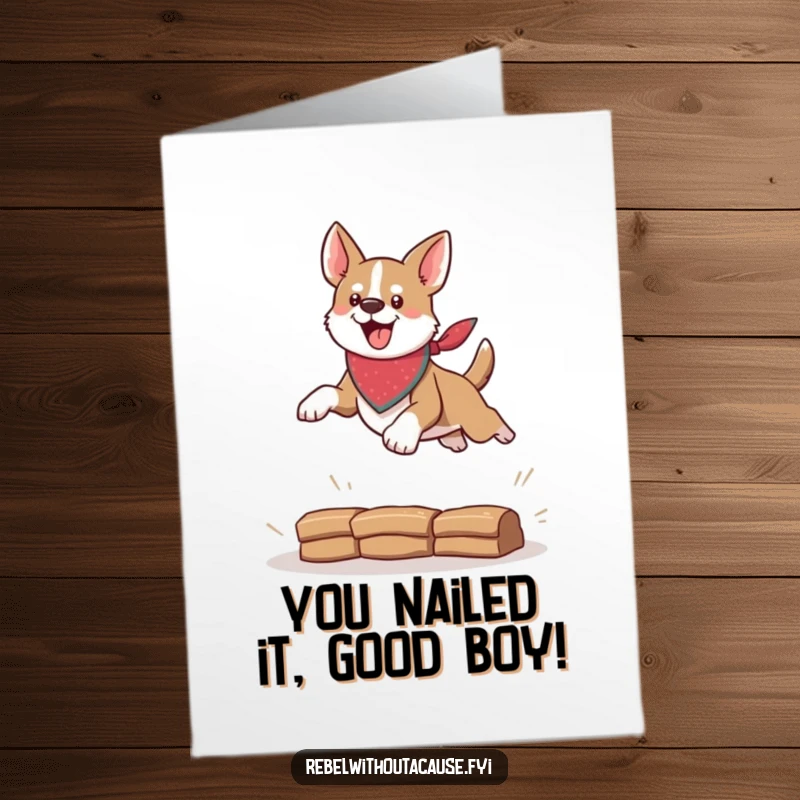 Funny Free Printable Congratulations Card showing a brave dog with a bandana leaping over a small obstacle, celebrating success.
