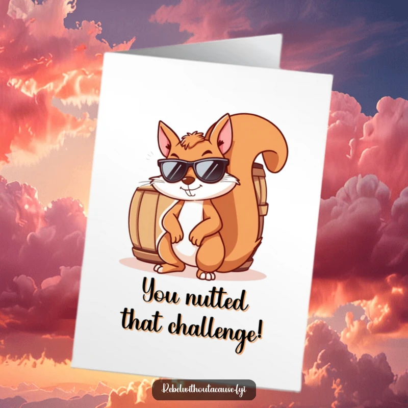 Free Printable Congratulations Card: Mischievous squirrel in sunglasses, smirking, leaning against barrel, celebrating achievement.