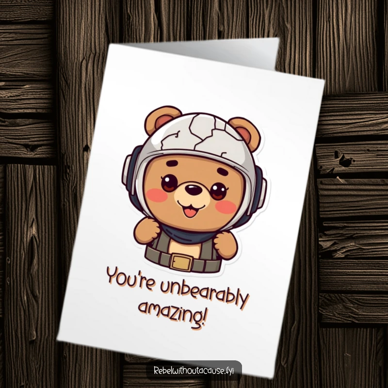 Funny Free Printable Congrats Card: Cheerful bear wearing a cracked helmet, celebrating your success with gusto.