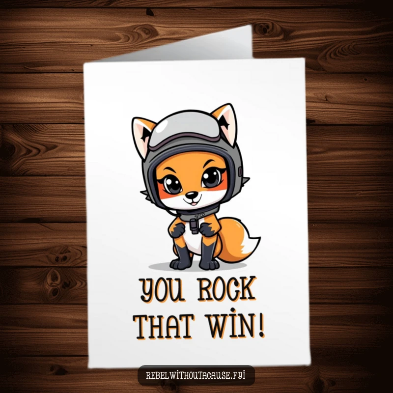 Funny Free Printable Congrats Card: Cool fox with a motorcycle helmet, striking a confident stance. Awesome DIY gift.