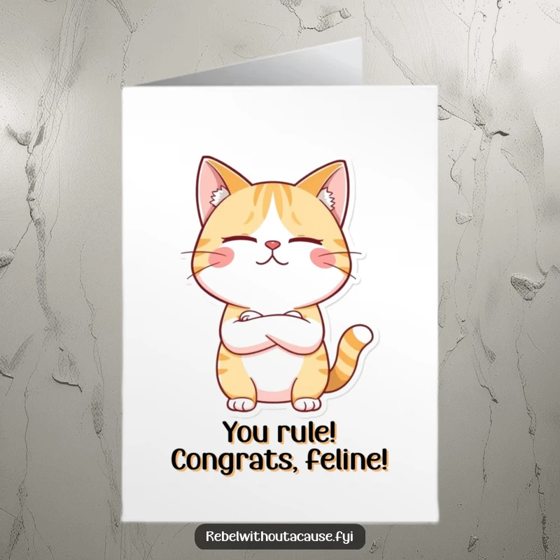 Funny Free Printable Congrats Card: Giggling cat with crossed arms, looking unimpressed by your success.