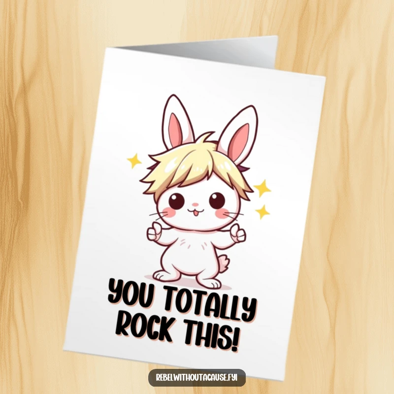 Funny Free Printable Congratulations Card showing a kawaii punk bunny striking a cool rock on pose, celebrating a win.