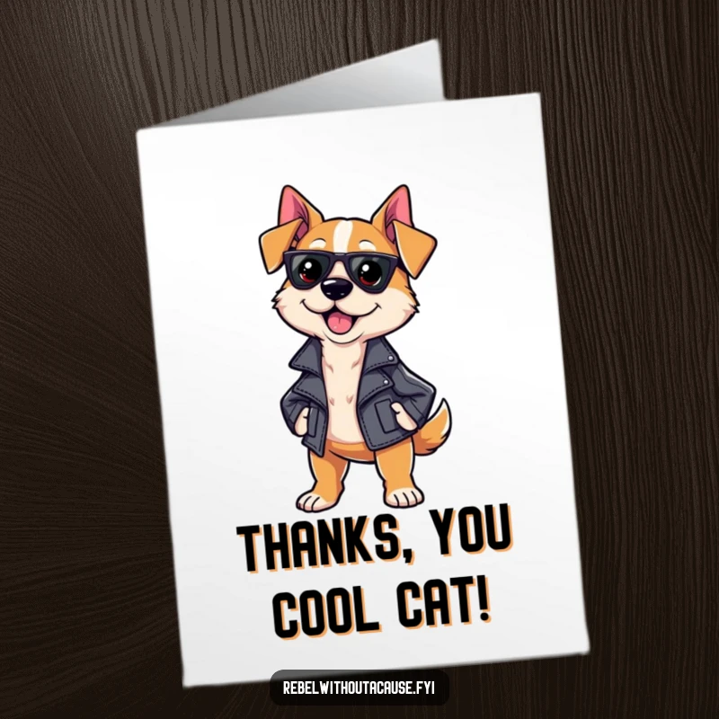 Funny free printable thank you card featuring a sassy dog in a leather jacket, strutting confidently to express thanks.
