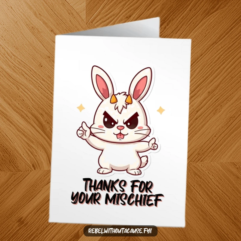 Funny Free Printable Thank You Card: A rebellious bunny character with a playful sneer, making a devil-horn gesture.