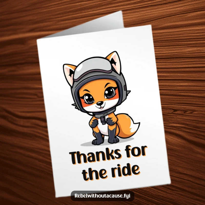 Funny Free Printable Thank You Card: Cool fox with a motorcycle helmet, striking a confident stance. Unique DIY gift.