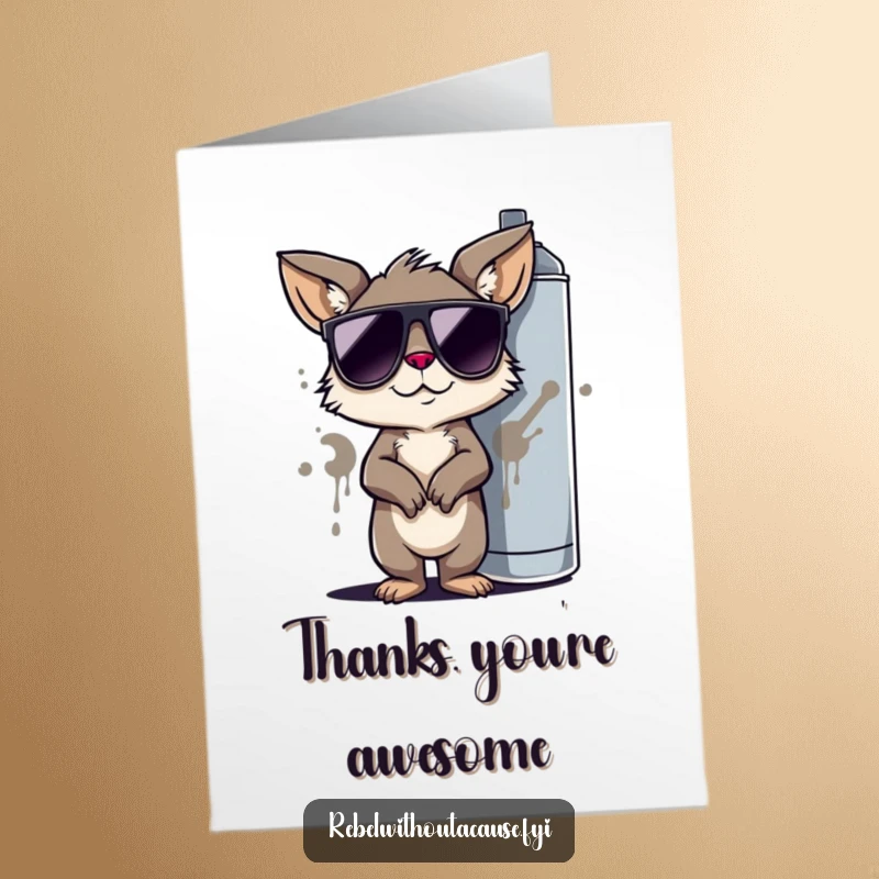 Funny Free Printable Thank You Card: Cool animal in sunglasses, leaning on spray can, saying thanks.