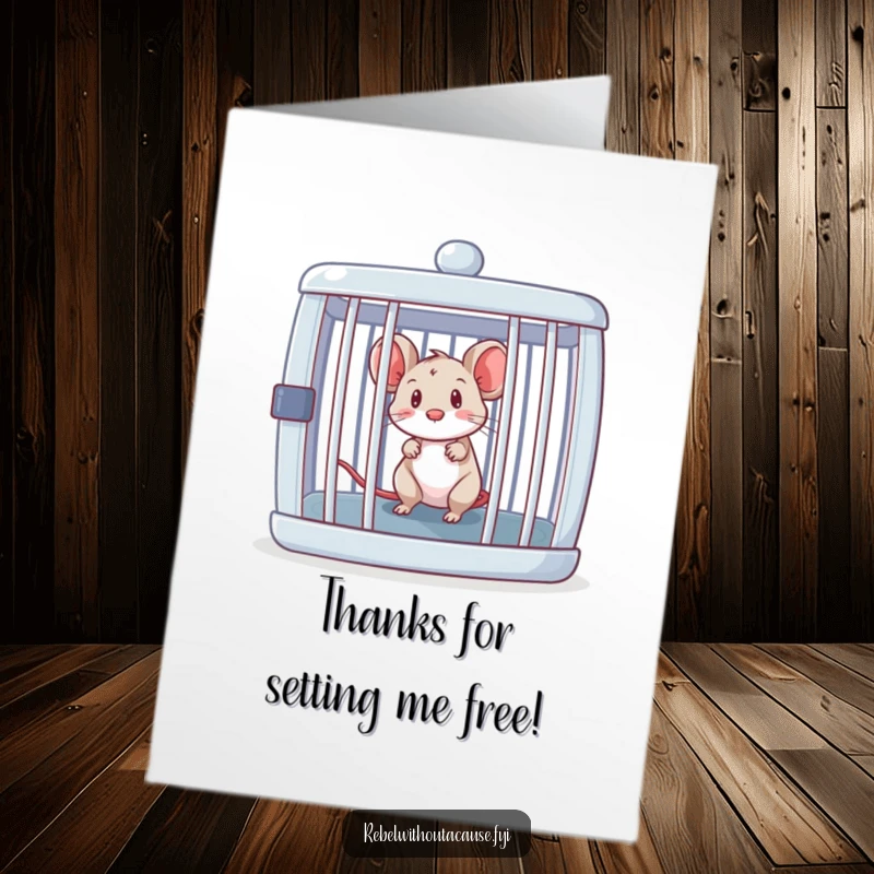 Funny Free Printable Thank You Card: A curious mouse peeks out from an open, empty cage, embracing new possibilities.