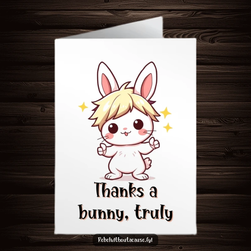 Funny Free Printable Thank You Card featuring a punk kawaii bunny striking a rock on pose, showing thanks.