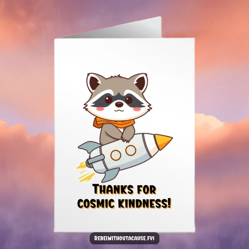 Funny Free Printable Thank You Card: Giggling raccoon in a tiny rocket with a determined gaze, sending thanks.