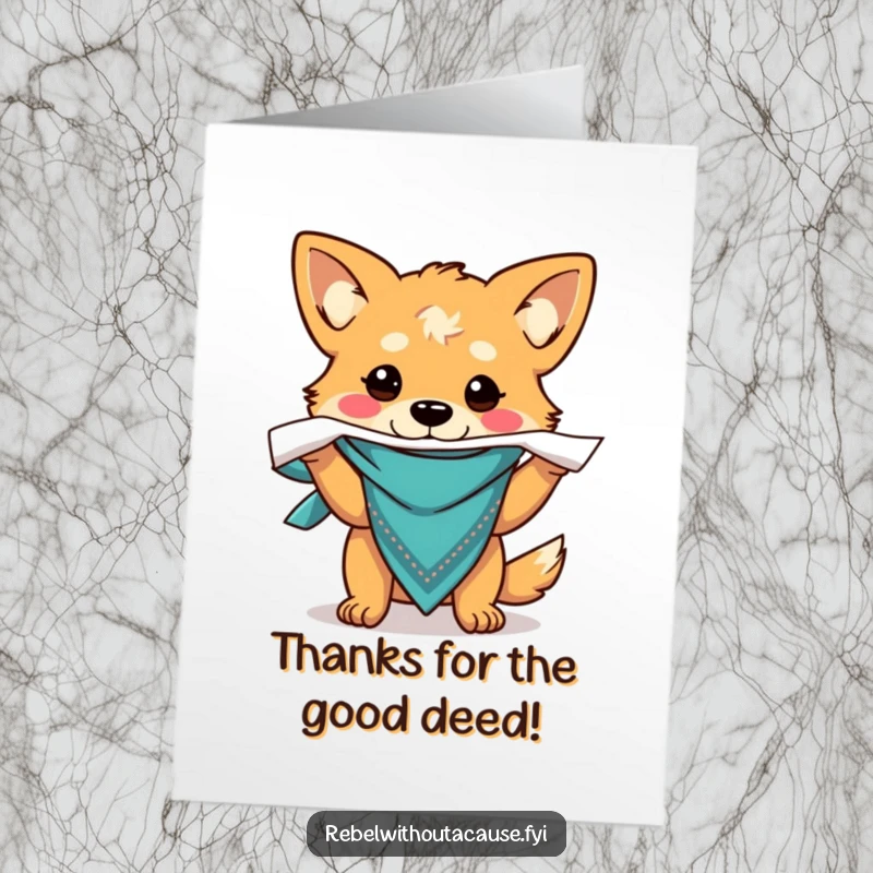 Funny Free Printable Thank You Card: Dog in bandana ripping paper, with a cheeky expression.