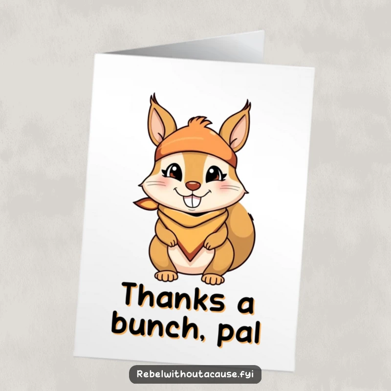 Funny Free Printable Thank You Card: Mischievous squirrel with bandana and cheeky grin, saying thanks cheekily.