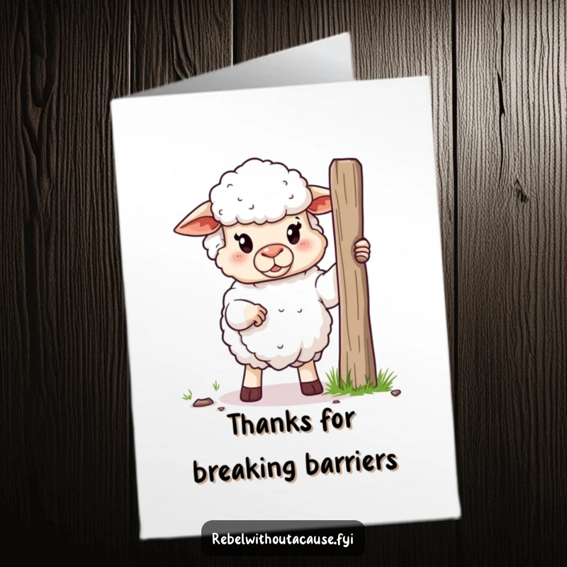 Funny Free Printable Thank You Card: A defiant fluffy sheep holds a broken fence post, humorously expressing gratitude.