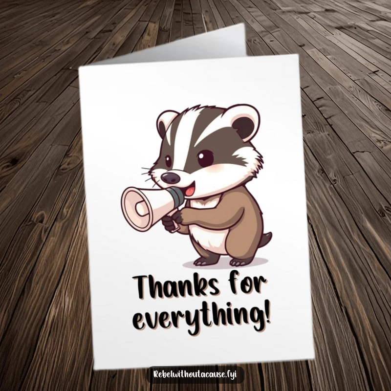 Funny Free Printable Badger Thank You Card: A determined badger shouts thanks through a megaphone with enthusiasm.